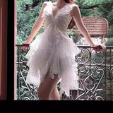 2025 White Feathers Hollow V-Necked Dress 9009