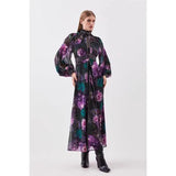 2025 Printed Lace Splicing Hollow Rivet Collar Lantern Long-Sleeved Dress Woman