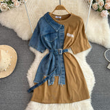 Hong Kong Flavor Temperament With Belt Round Tie Color Denim Shirt Spring New Chic Leisure Medium DJPT