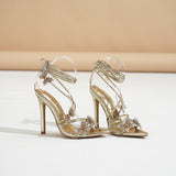 Shoes Women 2024 New Summer Cross-Tie Fairy Wind Silver Bow Bow Toe Ultrafine Heels High Quality Shoes