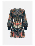 Autumn And Winter Australian Tide Brand CML Retro Court Silk Print V-Neck Dress