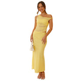 Women's Solid Color Sleeveless Slanted Shoulder Splicing Body Jacket Hollow Dress DJPT