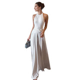 Women's Solid Color Sleeveless Hanging Neck Densified A-Shaped Long Dress DJPT