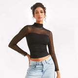 Women's High-Collar Mesh Splicing Long Sleeve Sexy Perspective Short Top DJPT