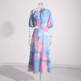 Wind And Waist Print Dress Women's Dress 2025 Spring New Round Collar High Waist Splicing Hollow Long Dress