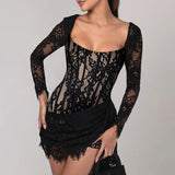 Autumn 2025 New Famous Style Temperament Sexy Lace Shens Waist With Long Sleeve Dress Woman DJPT