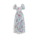 Summer British Tide Brand Dream Fairy Flower Net Collar Bubble Sleeves Wide Swing Flowing Dress Dress