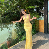 Yellow Lace V-Neck Dress Dress Female Summer Sexy Seaside Vacation Backpack Hip Fishtail Dress