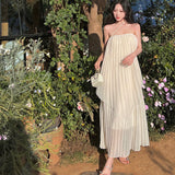 Beach Dress Seaside Tourism Vacation Chiffon Long Dress Folded Loose Sleeveless Slings Dress Dress Woman