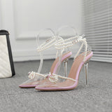 High Heels 2025 Spring Tip Sweet Bow Summer Water Drill Transparent Women's Pearl Sandals High Quality Shoes