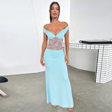 Women's Solid Color Bare Shoulder Lace Splicing A Word Dress DJPT