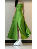 A line Spaghetti Straps Green Holiday Dress Satin Birthday Dresses Birthday Outfits SD1293