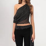 Women's Clothing Wave Point Sleeveless Shoulder Small Coat Belt Micro-Tram Trousers Set DJPT