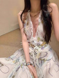 Niche Elegant Temperament Hanging Neck-Loaked Dress Woman 2025V Collar Folded Three-Dimensional Flower Dress