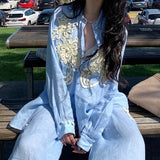 Unique Embroidered Blue Shirt Broad Leg Pants Two Sets Of Women 2025 Early Spring Wear