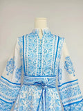 Autumn New Blue And White Printing Collar Lantern Sleeve Single Buckle Belt Waist Display Thin Dress