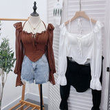 Girls Shoulder-Hanging Neck With Long-Sleeved Slings With Smear Wooden Ear-Deared Shirt Short With Chest Cushion Top DJPT