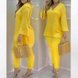 Explosion Color New Plain Horn Sleeve V Collar Top And Trousers Fashion Lady Set DJPT