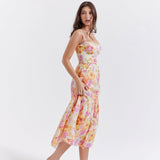 New Long Dress Print Sling Skirt Word Shoulder Fold Lace Crumped Dress