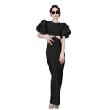 Round Collar Bubble Sleeve Nail Beads Hollow Bow Dress Sexy Bare Back Bandage Dress