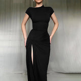 Knitted Round Collar Sexy Open Fork Dress Woman 2025 Summer New Stylish Black Dress DJPT