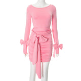 Women's Long-Sleeved Bow Decoration Folded Buttos With Short Skirt DJPT