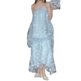 New Blue Flower Mesh Yarn Sling Skirt Super Fairy Fashion Age Reduction Dress