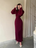 Solid Color Simple Pocket Sexy Bag Dress Long Sleeve Folds Elegant High-End Feel Dress