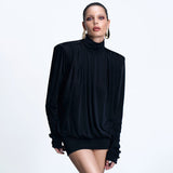 Women's Autumn And Winter High-Collar Pad Shoulders Loose Multi-Fold Sexy Back Short Skirt DJPT