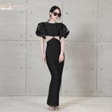 Round Collar Bubble Sleeve Nail Beads Hollow Bow Dress Sexy Bare Back Bandage Dress