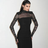 Women's Mesh Splicing Set Of Finger Long Sleeves High-Necked Ass Long Skirt DJPT