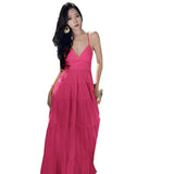 Tourism Photo Fairy Dress Rose Red Deep V Collar Bare Back Sling Dress Sanya Seaside Beach Dress Girl