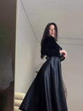 New Gold Velvet Thin Waist Black Round-Neck Long-Sleeved Dress Woman