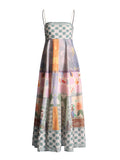 Spring Women's Dress 2025 New Retro Graffiti-Print Linen Sling Dress