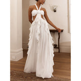 Women's New Hanging Neck Open Shoulder Lotus Leaves Side Solid Color Dress HZ0628