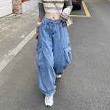 Kong Style Retro Big Pocket Workwear Jeans Women's Spring And Autumn Tide Straight Loose Hanging Wide Leg Trousers DJPT