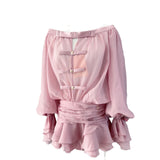 Spring And Summer New French Pure Desire Shoulder Bow Tective Chest Long Sleeve Fluffy Trouser Skirt