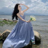 Sanya Beach Dress Women's Slings Ribbons With Back V-Neck Dress Temperament High-Rise Lanky Skirt