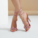 Shoes Women 2024 New Summer Cross-Tie Fairy Wind Silver Bow Bow Toe Ultrafine Heels High Quality Shoes