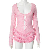 Women's Low-Collar Lace Splicing Sexy Body Repair Conjoined Shorts DJPT