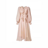 Spring And Autumn V-Neck Lantern Sleeve With Three-Dimensional Flower Design Dress