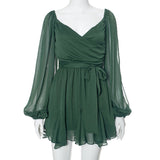 New Women's Solid Color Chiffin Cross-Sleeve Dress DJPT
