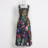 Temperament Elegant Wind Printed Dress 2025 Summer New Square Collar Nail Beads High-Belt Strap Sling Skirt