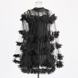 Famous Yuanfeng 2025 Summer New Round-Necked Long Sleeve Net Yarn Perspective Wood-Eared Splicing Design Dress Dress Woman