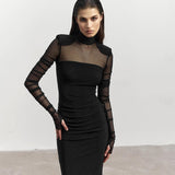 Women's Mesh Splicing Set Of Finger Long Sleeves High-Necked Ass Long Skirt DJPT