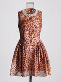 High-End Leopard Print Skirt 2025 Summer New Round Collar Diamond Waist Dress Dress Woman