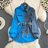 Hong Kong Flavor Temperament With Belt With Belt Color Cowboy Shirt Spring New Chi Casual Long Blouse DJPT