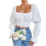And Summer Women Pure White Long Sleeve Front Breast Strap With Bare Back Sexy Waist Shirt Crop Top DJPT