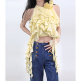 New Yellow Lotus Leaf Side Ribbon Hanging Neck Dress Flexible Girl Flower Vest