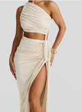 Irregular Shoulder Wrinkled Chest Skirt Woman 2025 Summer New Sexy Bare-Backed Rope Open Fork Dress HZ0628